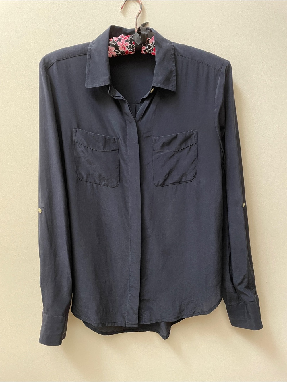 Ann Taylor Silk Navy Button-Up Blouse with Chest Pockets